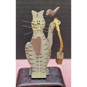 Ohio Wholesale Gray Tabby Kitty Cat Wood Figurine Red Heart & Bird House Vintage